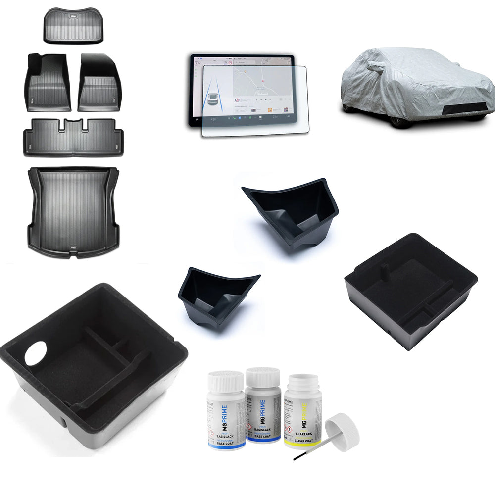 Accessoires Tesla-Protect : tapis de sol, protection d’écran, rangements, housse de voiture et stylo de retouche