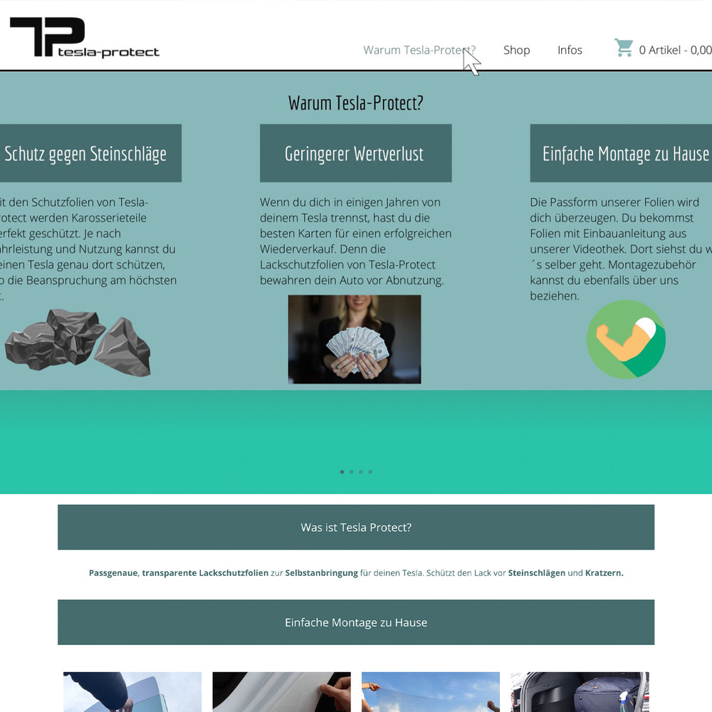Capture d’écran de la première version de la boutique en ligne tesla-protect.at