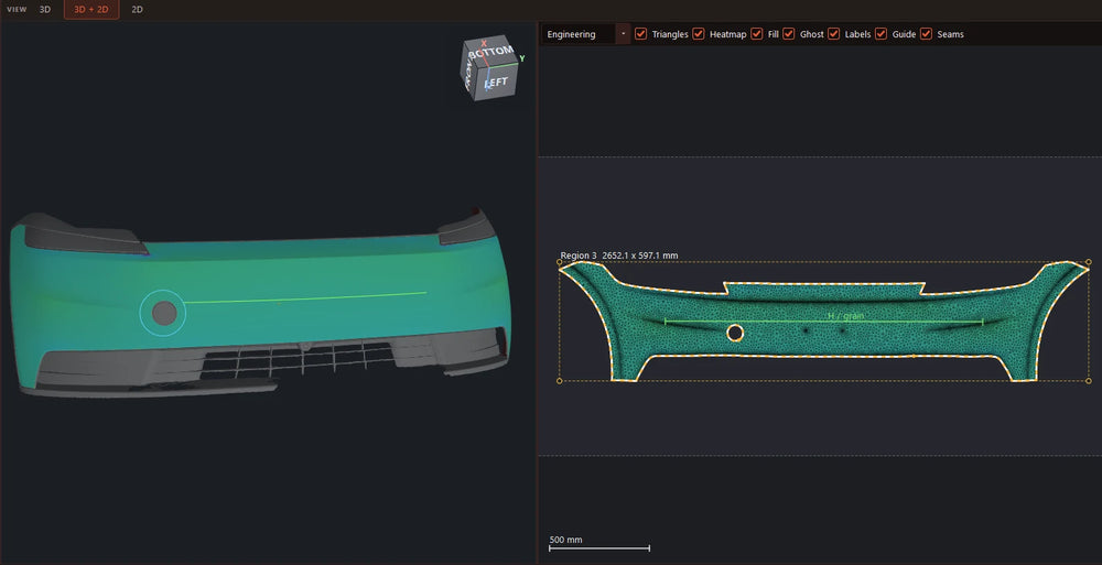 Scan 3D du pare-chocs et patron de découpe mis à plat pour la Tesla Model Y Standard